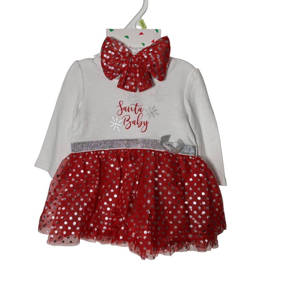 Baby Starters Sz 3 months Santa Baby Christmas Dress Tutu & Bow Set Polka Dot